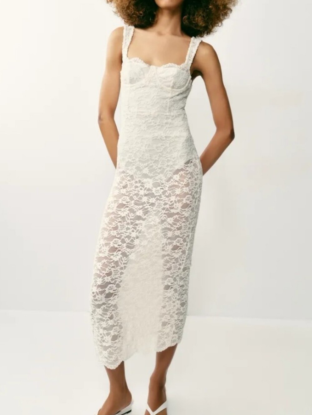 Zara Ecru Sheer Lace Midi Dress With Built In Bodysuit Wired Bra